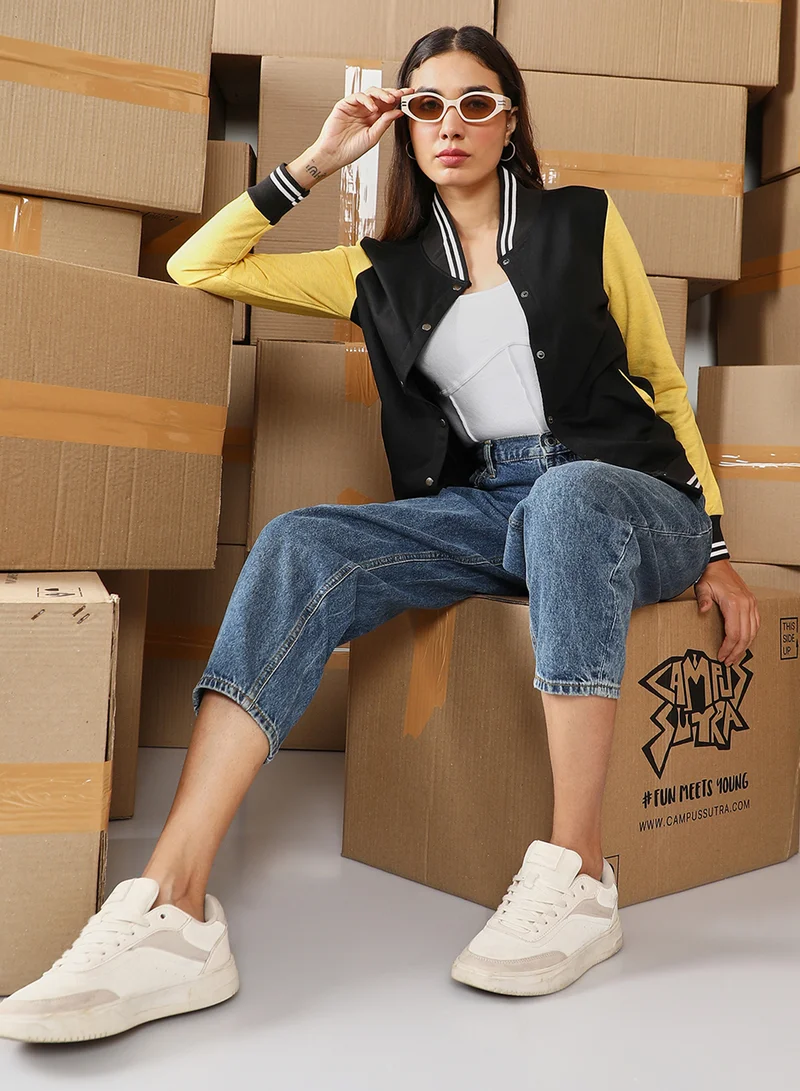 Campus Sutra Women's Lemon Yellow  & Onyx Black Block Bomber Jacket