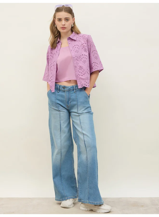 ستايلي Styli Schiffli Short Sleeve Shirt with Scallop Hem