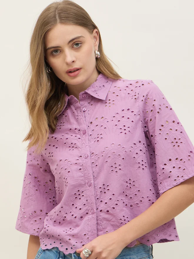 Styli Styli Schiffli Short Sleeve Shirt with Scallop Hem