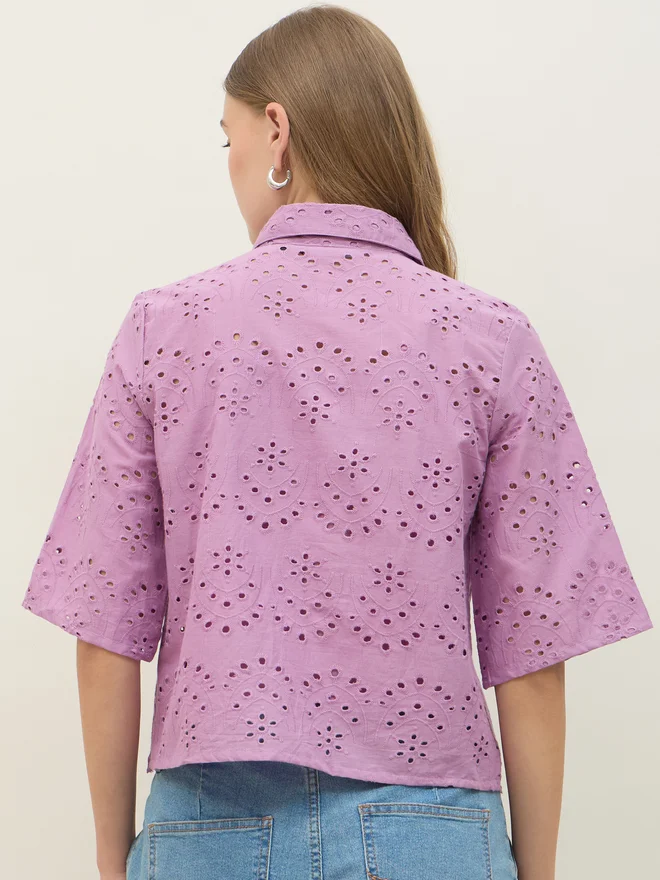 Styli Styli Schiffli Short Sleeve Shirt with Scallop Hem