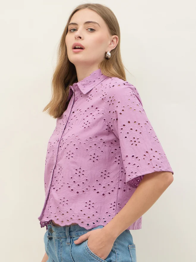 Styli Styli Schiffli Short Sleeve Shirt with Scallop Hem