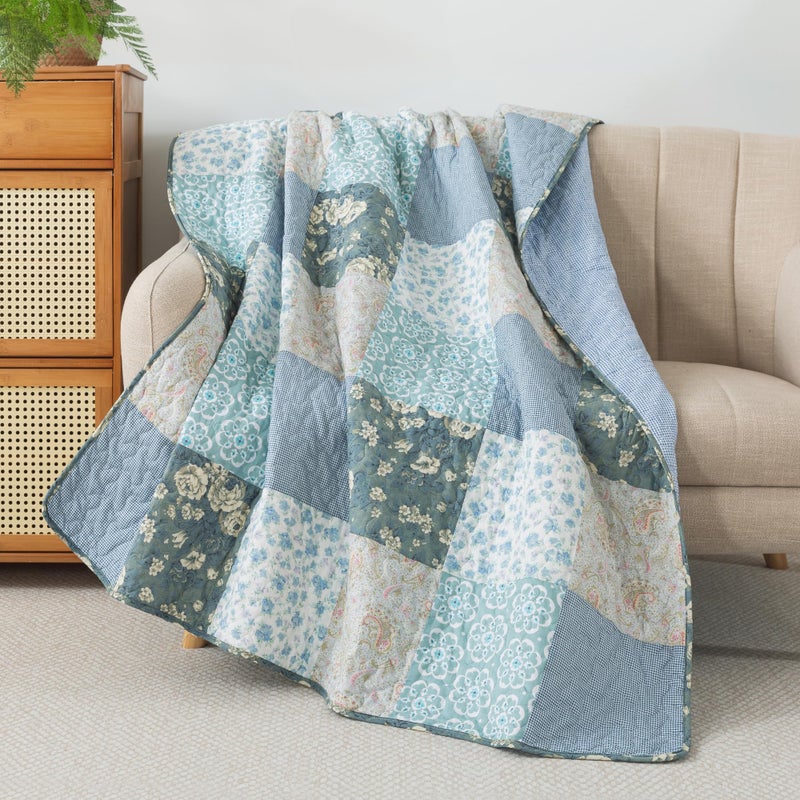 SLPR Cotton Quilted Throw Blanket, 50" x 60" Floral Farmhouse Patchwork Quilt, Shabby Chic Patchwork Throw Lap Quilt for Couch, Wildflowers - Image 1
