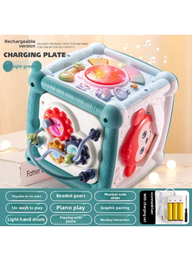 One Piece Baby Toy Handbeat Drum Children's Beat Drum Hexahedron Educational Baby Early Education Music Six-sided Box-Specifications:14-in -1 Six-sided House (Green) Charging Edition - Image 1