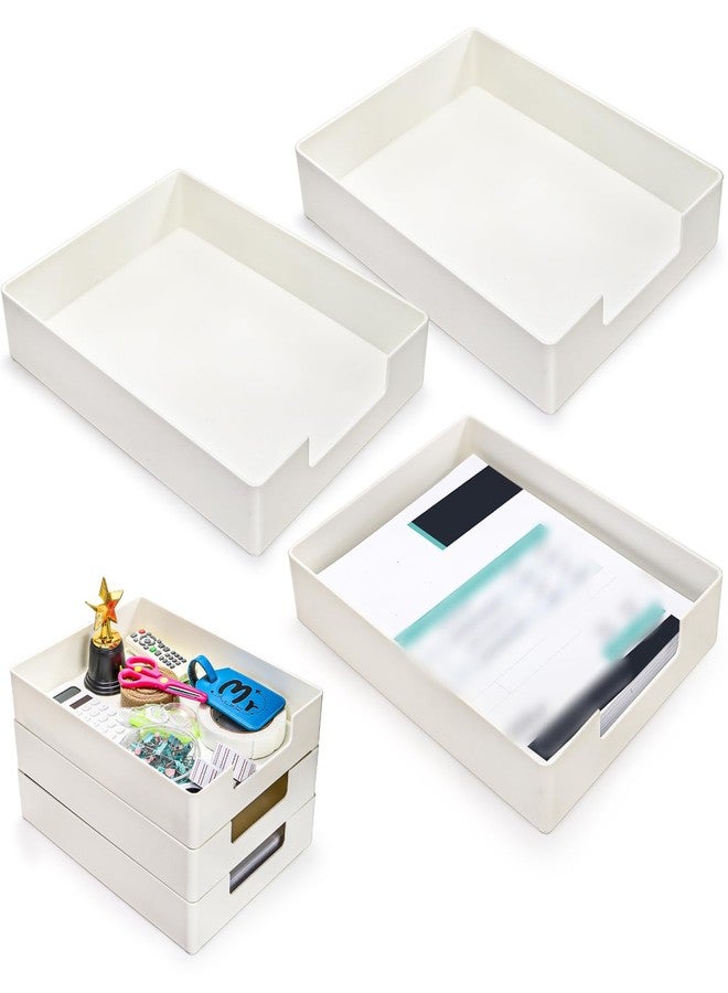 Eorbow 3 Pack Letter Tray, Plastic Stackable A4 Paper Trays, Rectangular Desk Drawer Organizer, File Holder for Desktop, Office Supplies Storage, White - Image 1