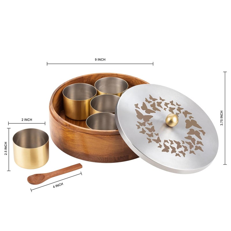 stately home Masala Box for Kitchen Teak Wood Masala Containerspice box storage Stainless steel Organiser for kitchen wooden stainless steel masala box 7 jars - Image 3