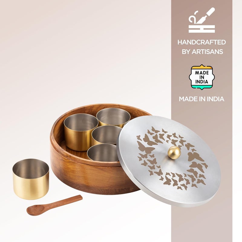stately home Masala Box for Kitchen Teak Wood Masala Containerspice box storage Stainless steel Organiser for kitchen wooden stainless steel masala box 7 jars - Image 4