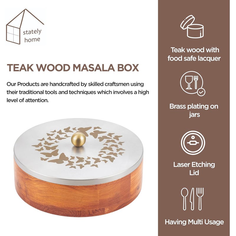 stately home Masala Box for Kitchen Teak Wood Masala Containerspice box storage Stainless steel Organiser for kitchen wooden stainless steel masala box 7 jars - Image 5