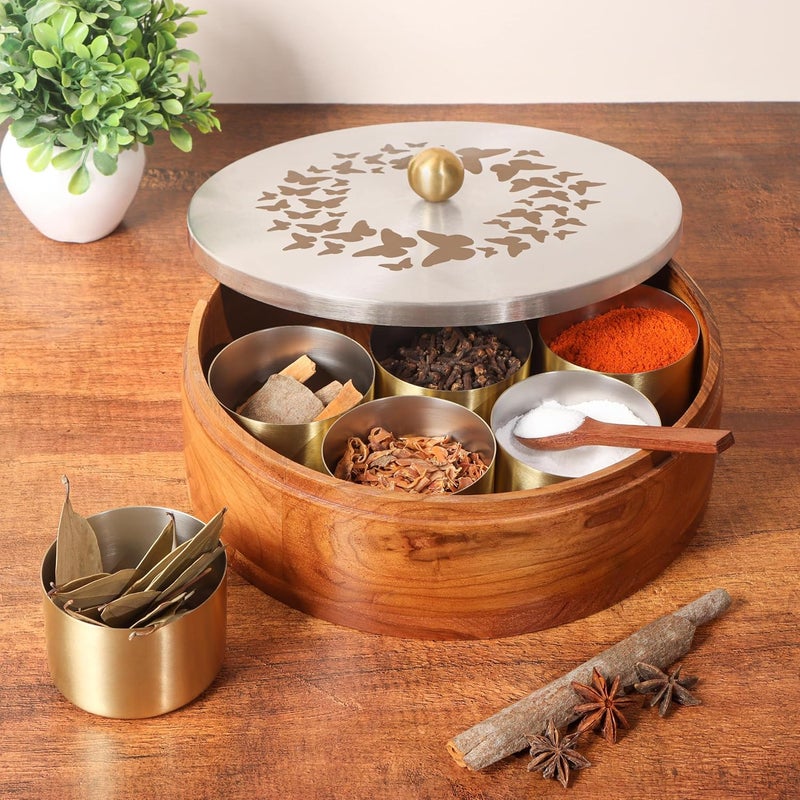 stately home Masala Box for Kitchen Teak Wood Masala Containerspice box storage Stainless steel Organiser for kitchen wooden stainless steel masala box 7 jars - Image 1
