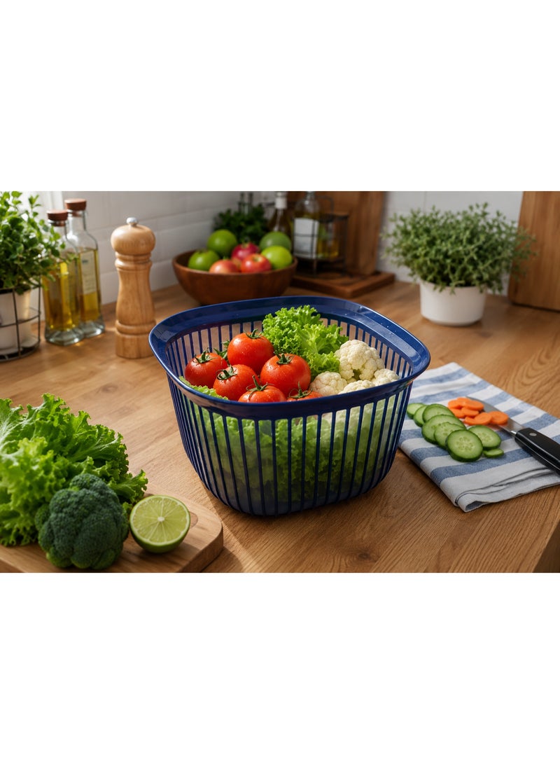 2.5-Liter Square Plastic Vegetable and Fruit Washing Basket Colander - Draining, Storage, and Serving Bowl with Ribbed Design (Navy Blue) - Image 3