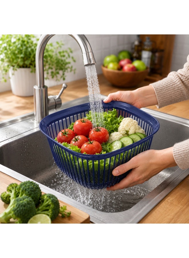 2.5-Liter Square Plastic Vegetable and Fruit Washing Basket Colander - Draining, Storage, and Serving Bowl with Ribbed Design (Navy Blue) - Image 2