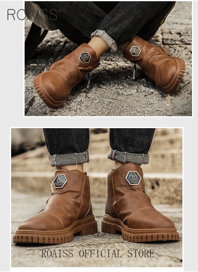 roaiss - Men High Top Martin Boots Workwear Style Sneakers Chelsea Boots Waterproof Non Slip Wear Resistant Motorcycle Shoes - Image 1