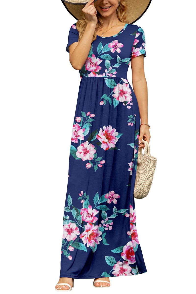 DB MOON Women's Casual Maxi Dresses Short Sleeve Empire Waist Long Dress for Beach with Pockets(Flower Navy Blue, L) - Image 3