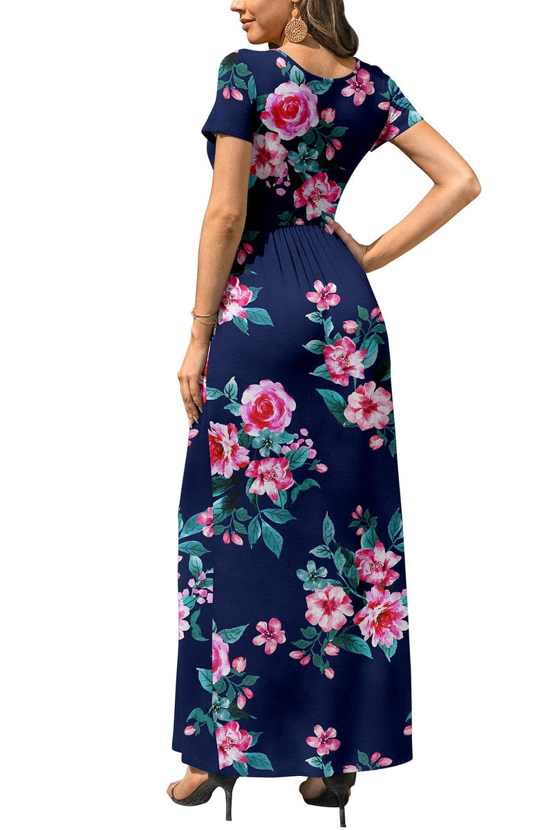 DB MOON Women's Casual Maxi Dresses Short Sleeve Empire Waist Long Dress for Beach with Pockets(Flower Navy Blue, L) - Image 5