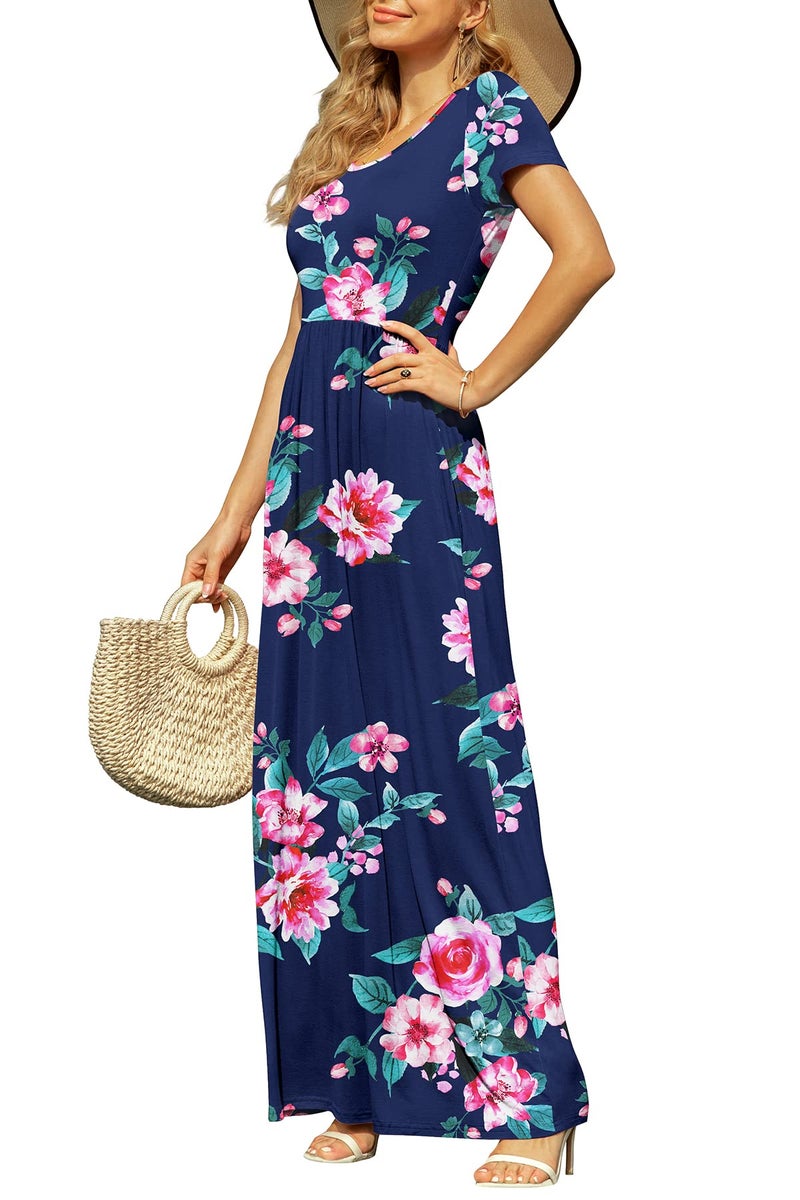 DB MOON Women's Casual Maxi Dresses Short Sleeve Empire Waist Long Dress for Beach with Pockets(Flower Navy Blue, L) - Image 2