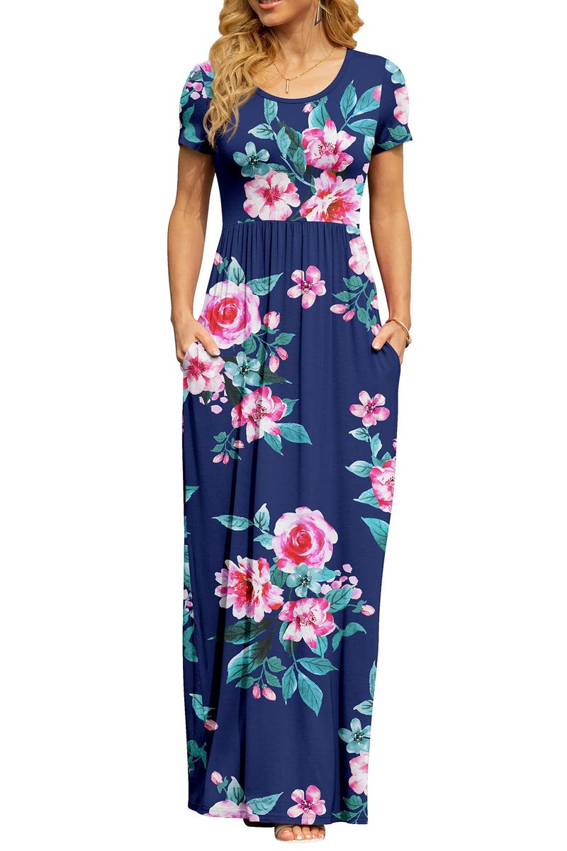DB MOON Women's Casual Maxi Dresses Short Sleeve Empire Waist Long Dress for Beach with Pockets(Flower Navy Blue, L) - Image 4