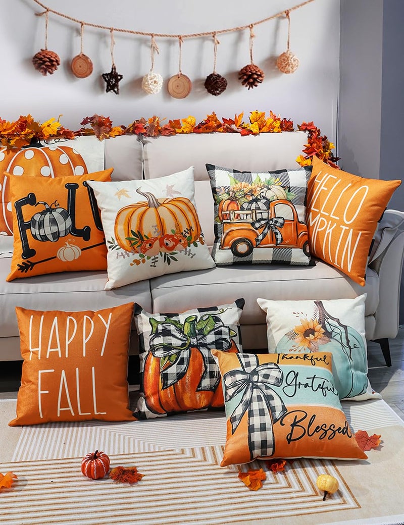 multiwins Fall Decorations Set of 4 Double-Sided Print Fall Pillow Covers 16" x 16", with 8 Cute Fall Decor Patterns, Soft Linen Throw Pillow Covers for Outdoor & Indoor Use, Perfect for Home Decor - Image 5