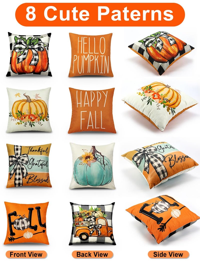 multiwins Fall Decorations Set of 4 Double-Sided Print Fall Pillow Covers 16" x 16", with 8 Cute Fall Decor Patterns, Soft Linen Throw Pillow Covers for Outdoor & Indoor Use, Perfect for Home Decor - Image 3