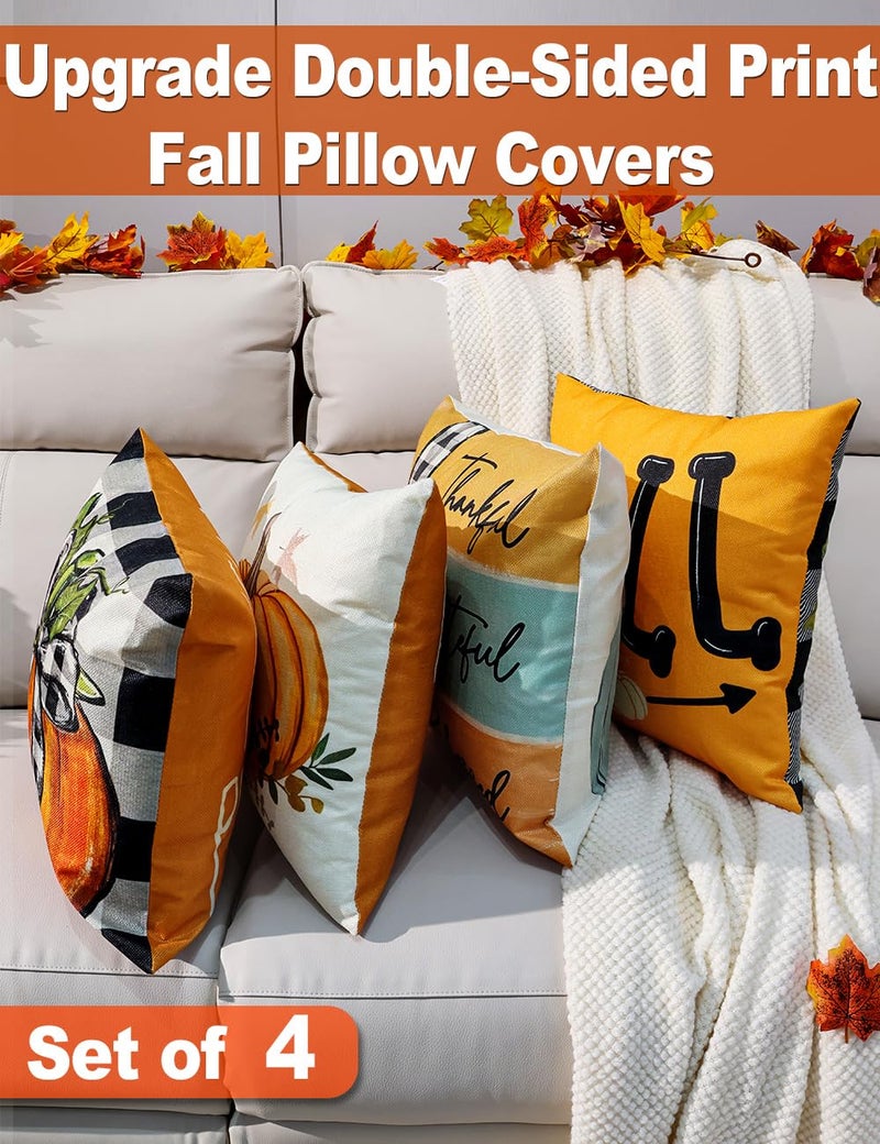 multiwins Fall Decorations Set of 4 Double-Sided Print Fall Pillow Covers 16" x 16", with 8 Cute Fall Decor Patterns, Soft Linen Throw Pillow Covers for Outdoor & Indoor Use, Perfect for Home Decor - Image 2