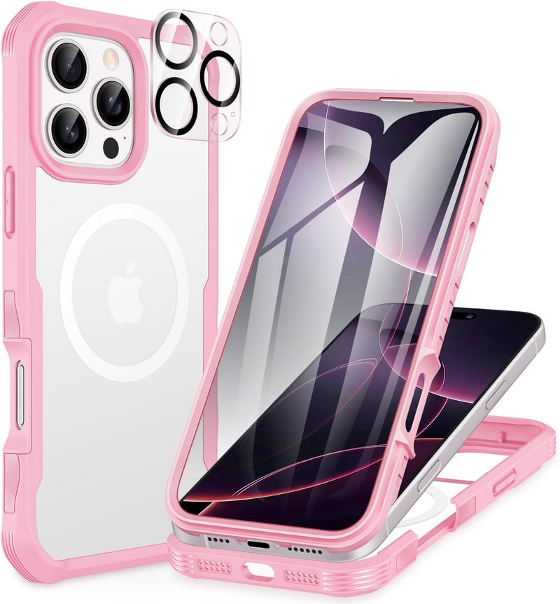 CENHUFO Magnetic Case for iPhone 16 Pro Max, Compatible with MagSafe Built-in Tempered Glass Screen Protector and Camera Protector, 360° Shockproof Phone Cover Case - Pink Diverse operation compatible - Image 1