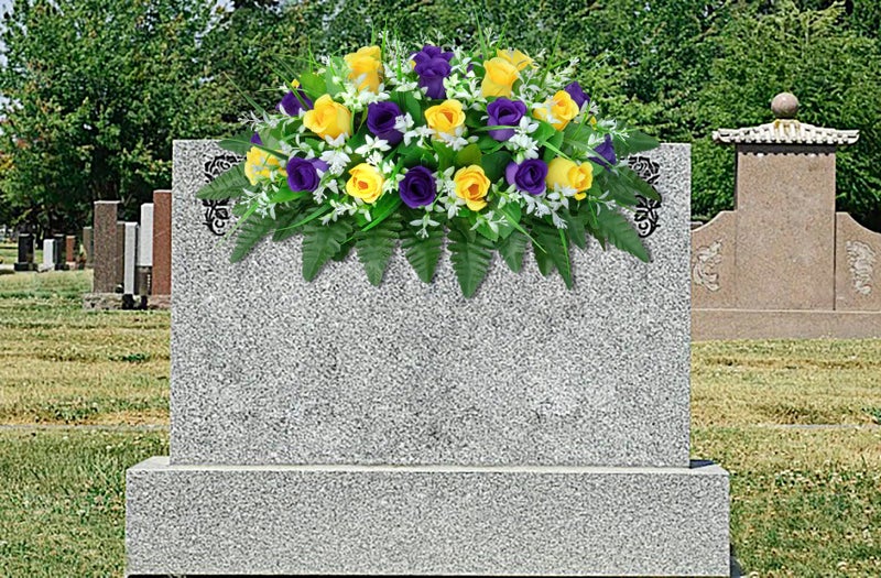 LVXINLI Artificial Cemetery Flowers Saddle-Shaped Tombstone Decorations Non-Fading UV-Resistantï¼ˆ Yellow+Purple Saddleï¼‰ - Image 4