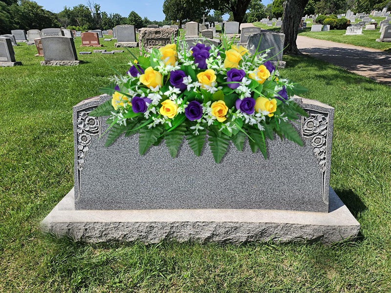 LVXINLI Artificial Cemetery Flowers Saddle-Shaped Tombstone Decorations Non-Fading UV-Resistantï¼ˆ Yellow+Purple Saddleï¼‰ - Image 3