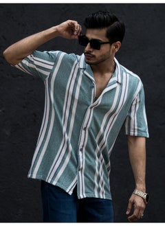 Maniac Mens Striped Collar Neck 3/4th Sleeve Berly Green Cotton Oversized Shirt  - Image 2