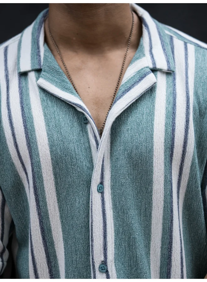 Maniac Mens Striped Collar Neck 3/4th Sleeve Berly Green Cotton Oversized Shirt
