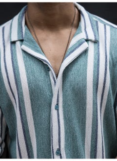 Maniac Mens Striped Collar Neck 3/4th Sleeve Berly Green Cotton Oversized Shirt  - Image 4