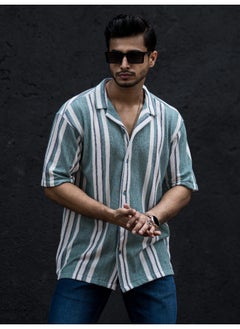 Maniac Mens Striped Collar Neck 3/4th Sleeve Berly Green Cotton Oversized Shirt  - Image 5