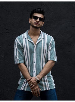 Maniac Mens Striped Collar Neck 3/4th Sleeve Berly Green Cotton Oversized Shirt  - Image 3