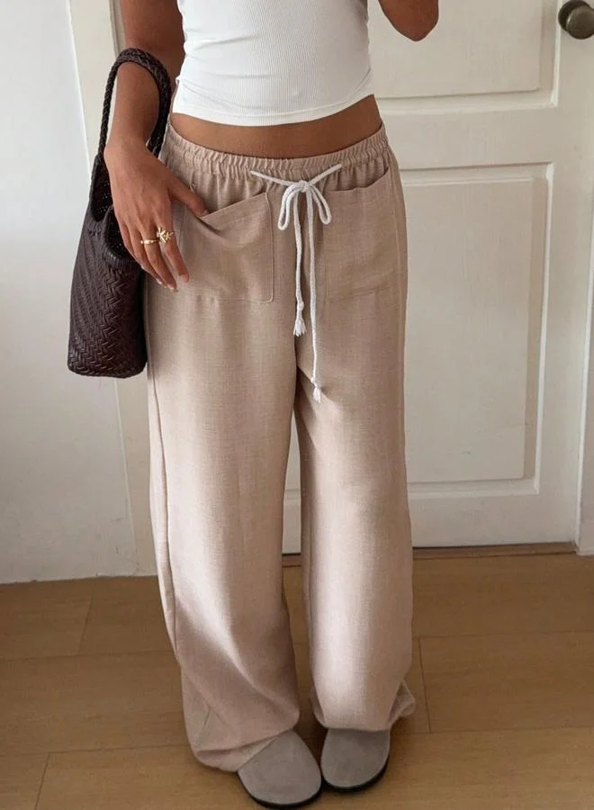 Take Two Beige Wide Leg Linen Pants with Drawstring