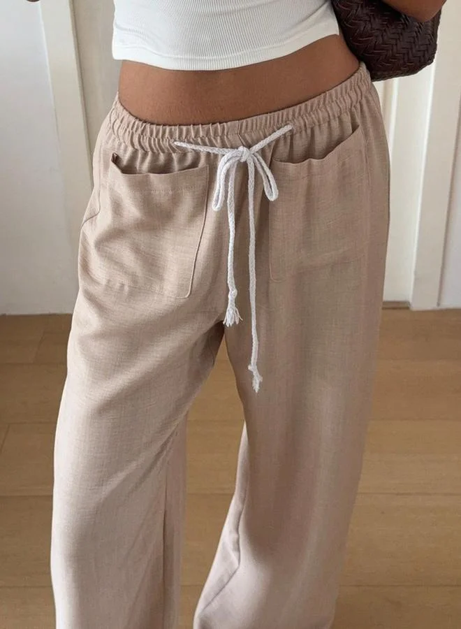 Take Two Beige Wide Leg Linen Pants with Drawstring