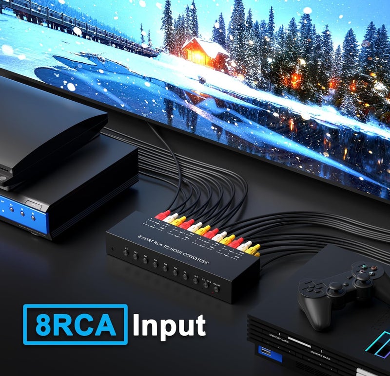 Ruipoo 8Port AV to HDMI Converter Adapter Support 16:9/4:3 Switch for Wii/N64/PS1/PS2/PS3/VHS/VCR/DVD Players etc (8Port RCA in to 1 HDMI Converter with IR Remote) - Image 4