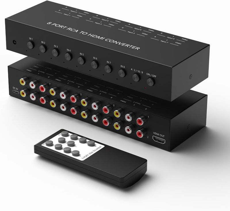 Ruipoo 8Port AV to HDMI Converter Adapter Support 16:9/4:3 Switch for Wii/N64/PS1/PS2/PS3/VHS/VCR/DVD Players etc (8Port RCA in to 1 HDMI Converter with IR Remote) - Image 1