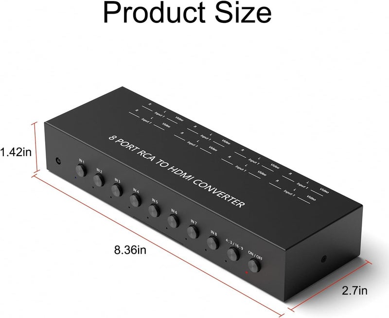 Ruipoo 8Port AV to HDMI Converter Adapter Support 16:9/4:3 Switch for Wii/N64/PS1/PS2/PS3/VHS/VCR/DVD Players etc (8Port RCA in to 1 HDMI Converter with IR Remote) - Image 5