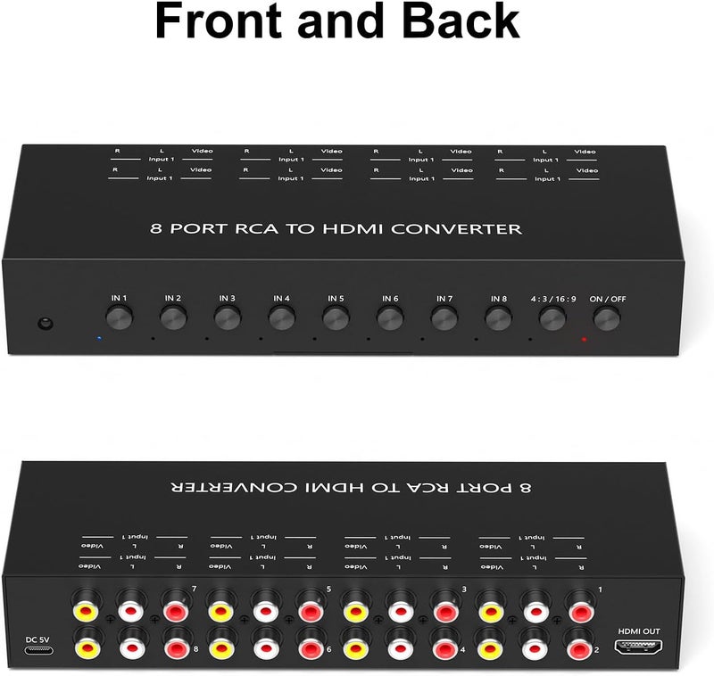 Ruipoo 8Port AV to HDMI Converter Adapter Support 16:9/4:3 Switch for Wii/N64/PS1/PS2/PS3/VHS/VCR/DVD Players etc (8Port RCA in to 1 HDMI Converter with IR Remote) - Image 2