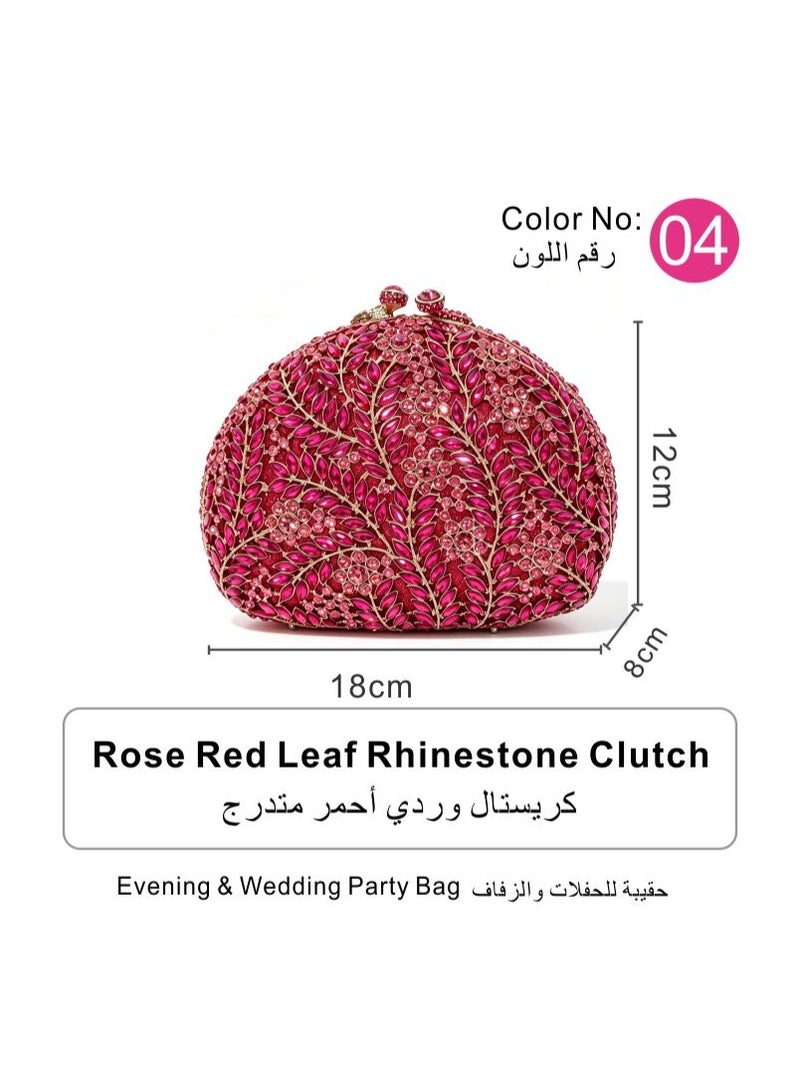 Luxury Leaf Rhinestone Evening Clutch Bag, Sparkly Crystal Formal Wedding Party Handbag with Detachable Shoulder Chain