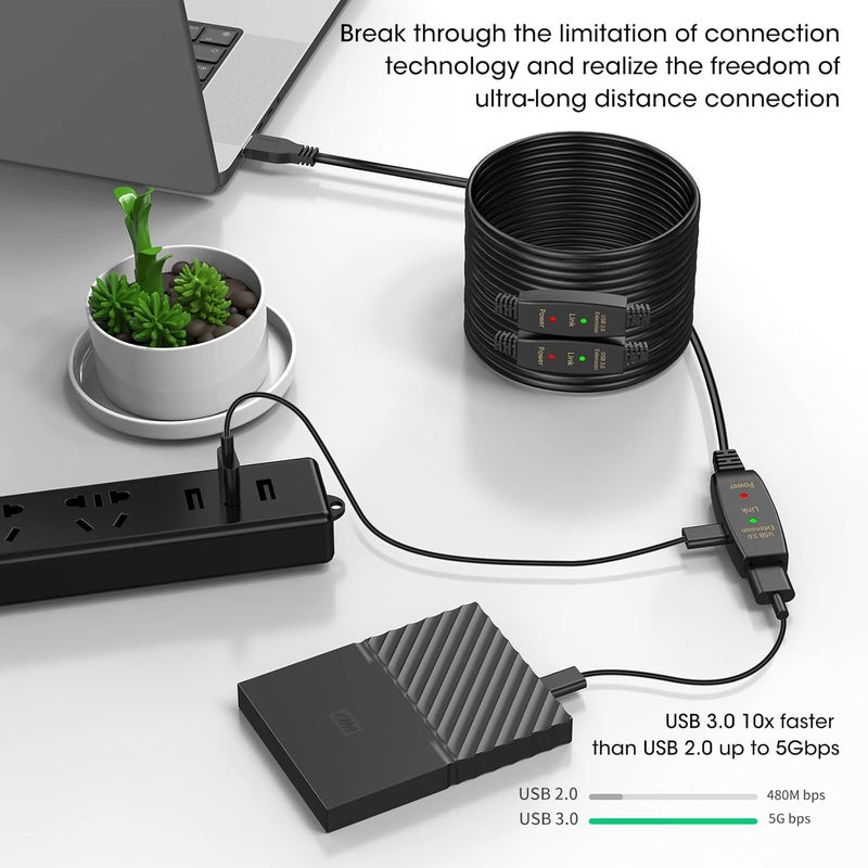 كابل تمديد نشط USB 3.0 بطول 60 قدم، كابل تمديد من نوع USB A ذكر إلى أنثى مع شريحتي تعزيز إشارة ومنفذ طاقة Micro USB، مكرر عالي السرعة 5 جيجابت في الثانية لـ Oculus VR وكاميرا الويب وXbox والطابعة - Image 2