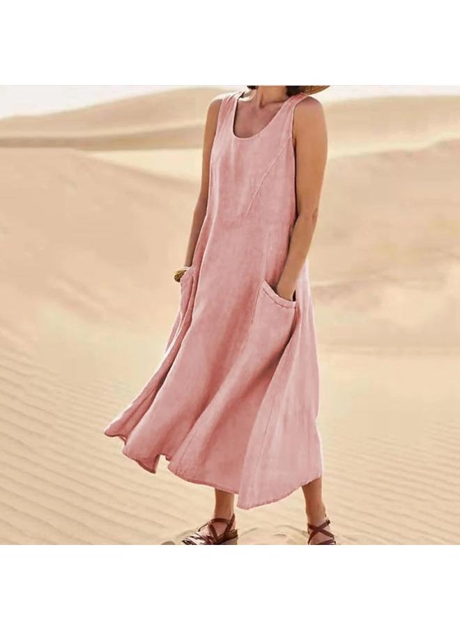 Generic - Independent Station Summer European And American Pocket Sleeveless Round Neck Women's Cotton And Linen Dress - Image 1