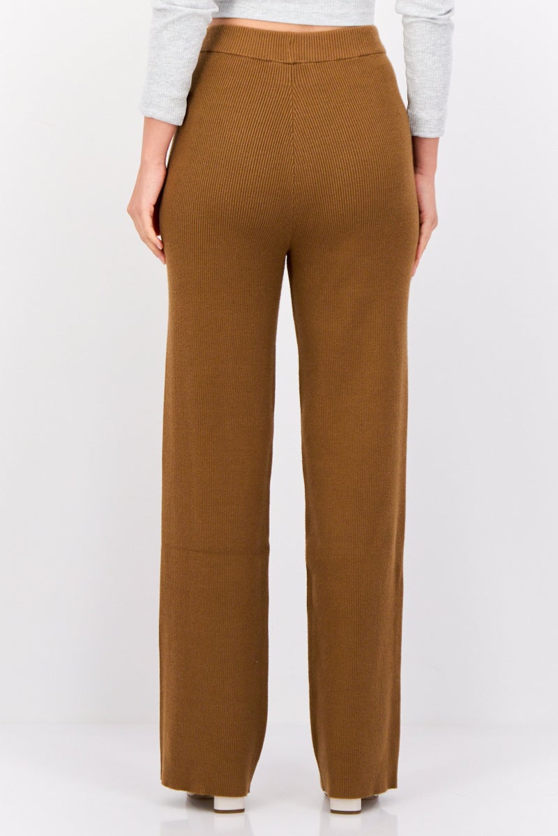 ESPRIT Women Regular Fit Ribbed Wide Leg Pants, Brown  - Image 3