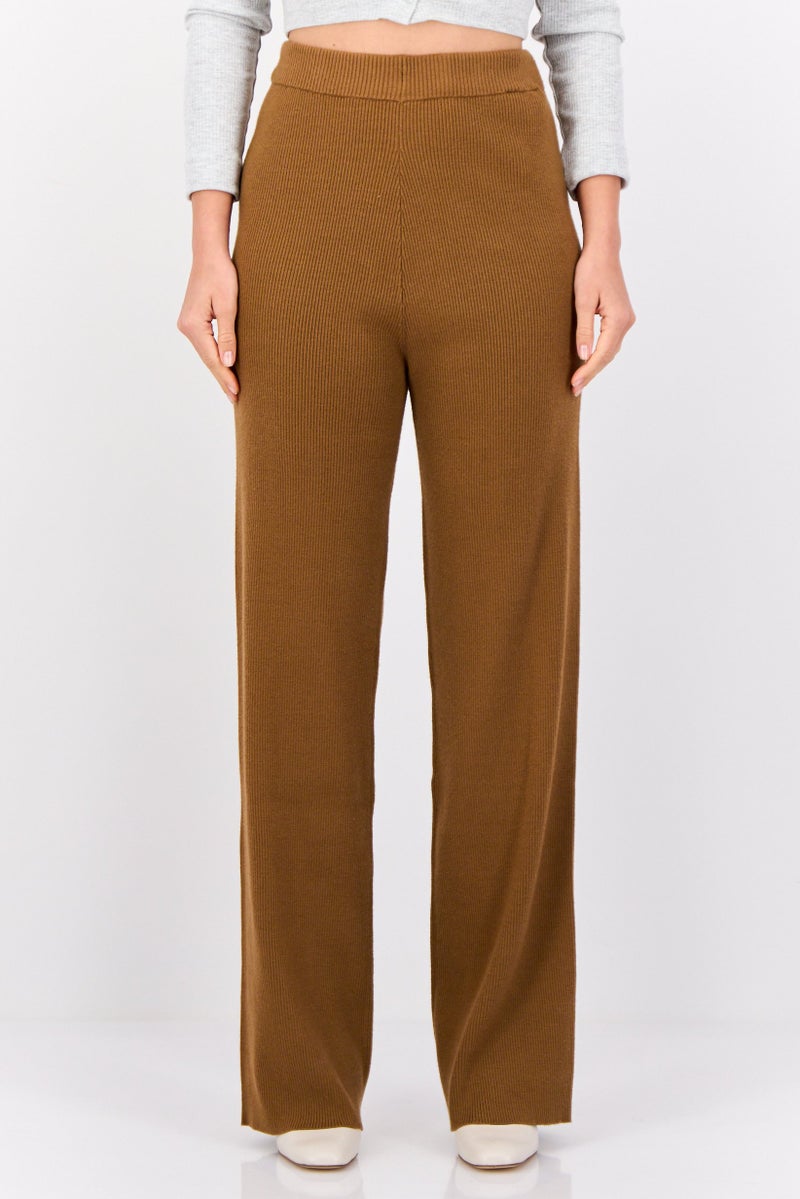 ESPRIT Women Regular Fit Ribbed Wide Leg Pants, Brown  - Image 1