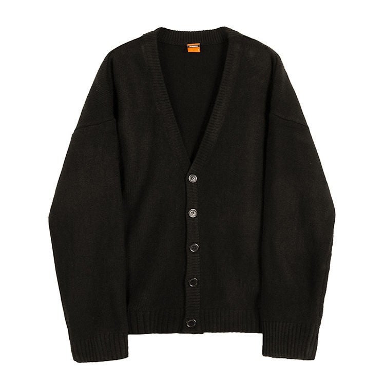 Mens Knitted Cardigan Jacket 2024 Autumn/Winter Loose Fit Trendy V-Neck Single-Breasted Solid Color Outerwear Sweater Black  - Image 1