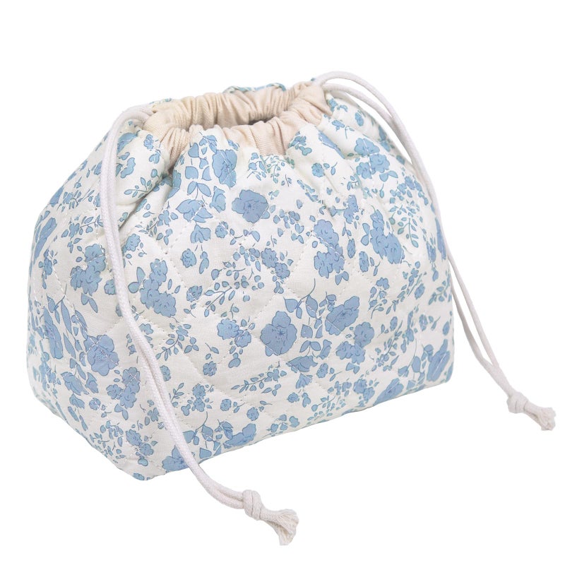 Gosect Large Makeup Bag, Cute Drawstring Cosmetic Bag with Canvas Lining, Floral Coquette Aesthetic Toiletry Bag, Travel Make Up Organizer Bag for Women and Girl (Blue Flower) - Image 1