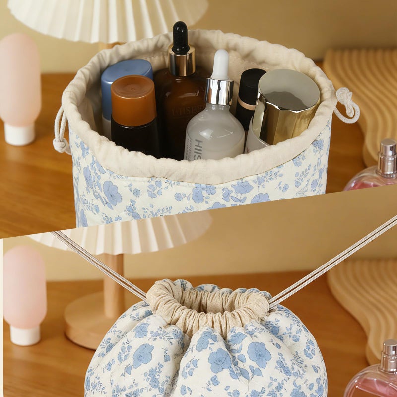 Gosect Large Makeup Bag, Cute Drawstring Cosmetic Bag with Canvas Lining, Floral Coquette Aesthetic Toiletry Bag, Travel Make Up Organizer Bag for Women and Girl (Blue Flower) - Image 2