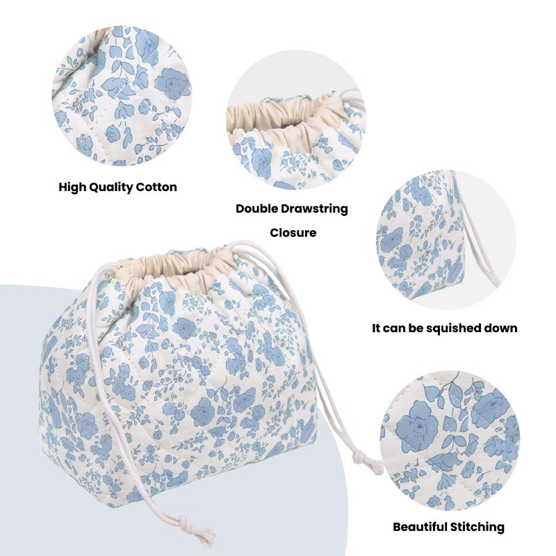 Gosect Large Makeup Bag, Cute Drawstring Cosmetic Bag with Canvas Lining, Floral Coquette Aesthetic Toiletry Bag, Travel Make Up Organizer Bag for Women and Girl (Blue Flower) - Image 4
