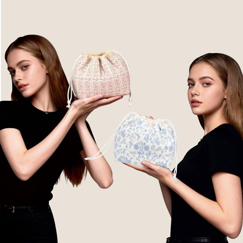Gosect Large Makeup Bag, Cute Drawstring Cosmetic Bag with Canvas Lining, Floral Coquette Aesthetic Toiletry Bag, Travel Make Up Organizer Bag for Women and Girl (Blue Flower) - Image 5