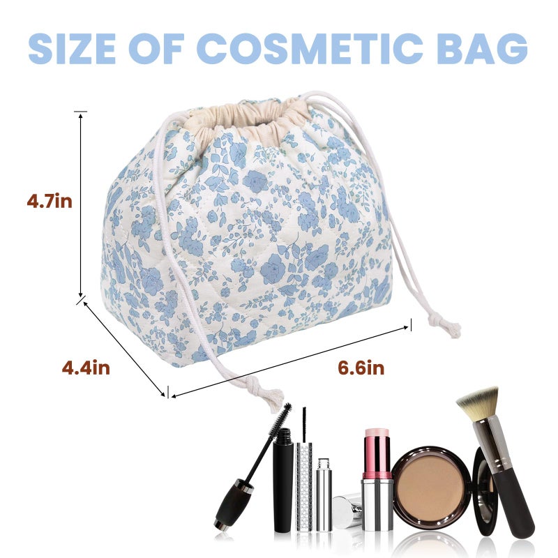 Gosect Large Makeup Bag, Cute Drawstring Cosmetic Bag with Canvas Lining, Floral Coquette Aesthetic Toiletry Bag, Travel Make Up Organizer Bag for Women and Girl (Blue Flower) - Image 3