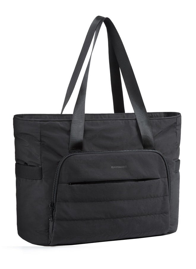 BAGSMART Tote Bag For Women Lightweight Large Tote Bag With Compartments And Yoga Mat Strap Quilted Shoulder Bag Handbag For Travel Work Gym Black  - Image 1