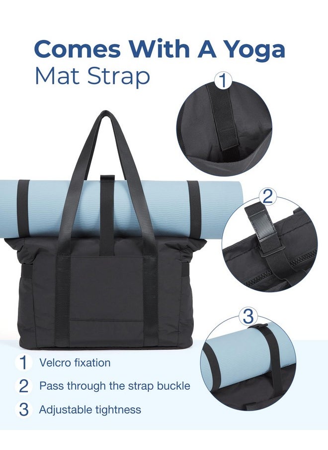 BAGSMART Tote Bag For Women Lightweight Large Tote Bag With Compartments And Yoga Mat Strap Quilted Shoulder Bag Handbag For Travel Work Gym Black  - Image 4