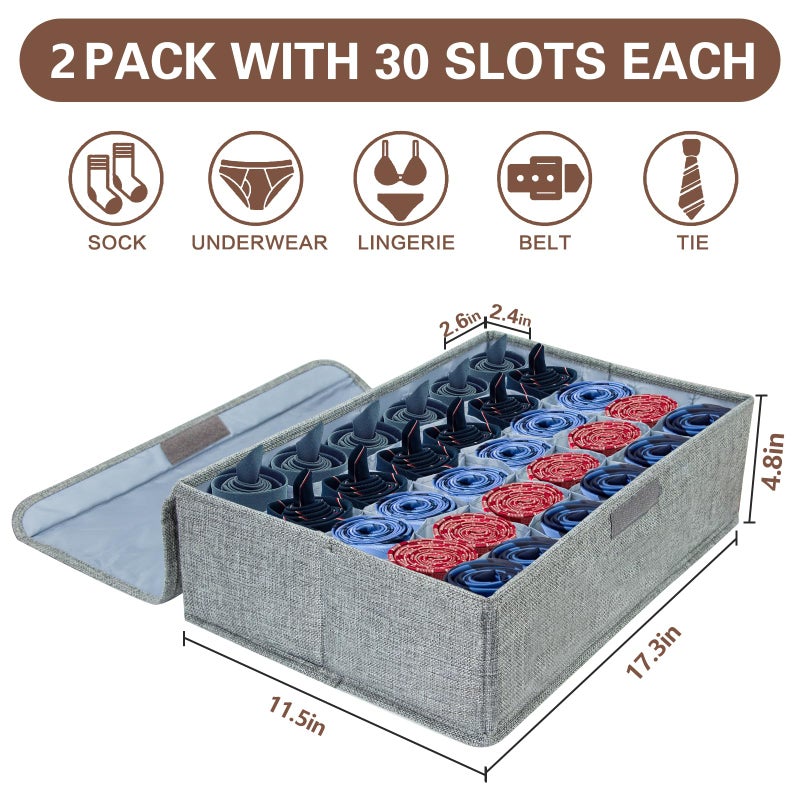 PINGMIC Gray Sock Organizer Divider 2 Pack with Lid - 30 Cell Foldable Closet Storage, Tie Organizer For Men Boxes for Socks, Ties, Belts - Image 3
